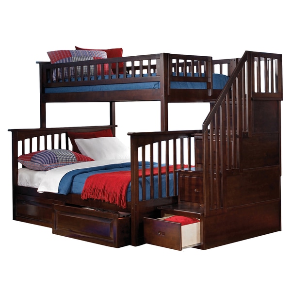 Columbia Staircase Bunk Bed Twin over Full with Raised Panel Bed Drawers in Walnut