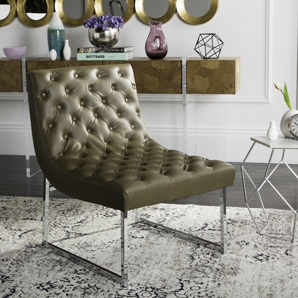 Safavieh Mid-Century Modern Hadley Leather Tufted Antique Taupe Accent Chair