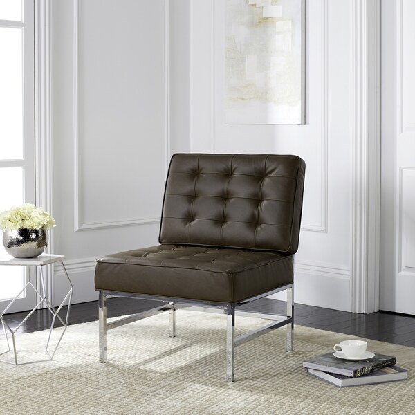 Safavieh Mid-Century Modern Ansel Tufted Leather Chrome Antique Taupe Accent Chair