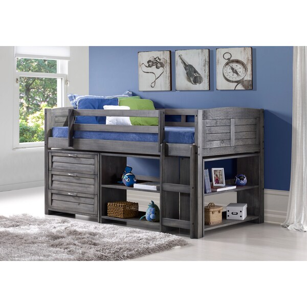 Donco Kids Twin Louver Low Loft w/ 3-Drawer Chest, Shelves, and Small Bookcase in Antique Grey