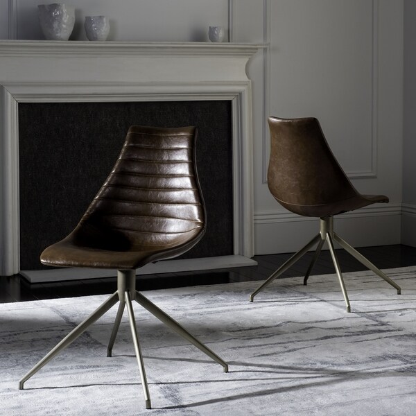 Safavieh Lynette Mid-Century Modern Leather Swivel Light Brown/ Brass Dining Chair (Set of 2)