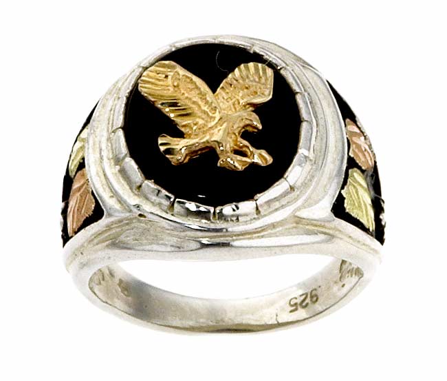 Black Hills Gold and Silver Onyx Mens Eagle Ring