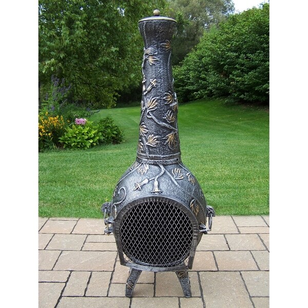 Outdoor Leaf Cast Iron Metal 45-inch Tall Silver, Black, Gold Chimenea with Handles, Log Grate, Spark Guard, Stack and Door