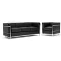 LC Black Leather Sofa & Chair Set