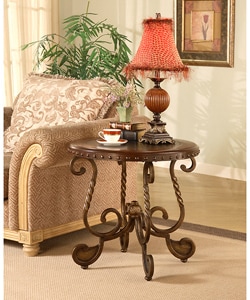 (>_<)  Antique Brass and Wood Nailhead Inlay End Table