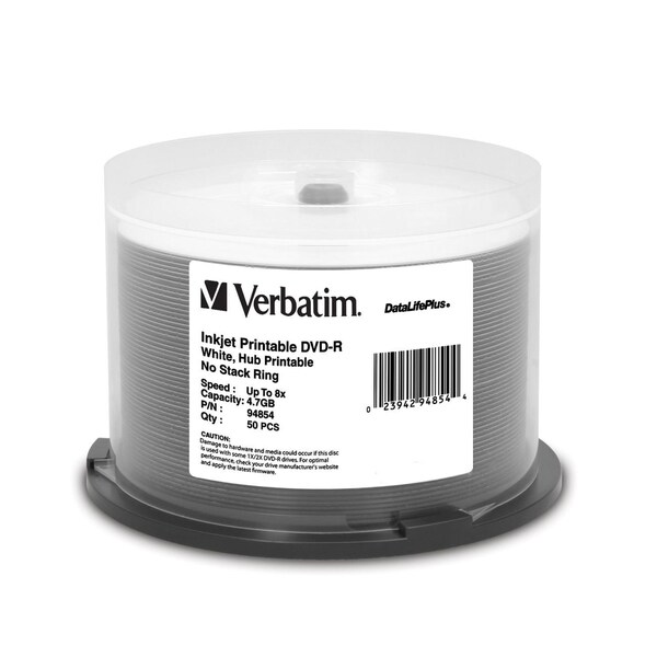 Verbatim DVD-R 4.7GB 8X DataLifePlus White Inkjet Printable, Hub Prin