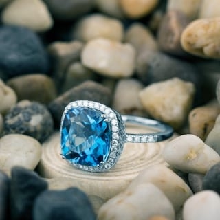 14k White Gold 1/3ct TDW Diamond Blue Topaz Ring with Satin and Velvet Gift Box