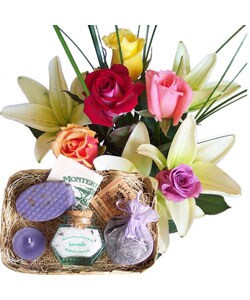 Barely Rose Lily Bouquet and Lavender Gift Set