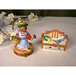Limoges Bunny Gardener/ Bench Keepsake Box Set