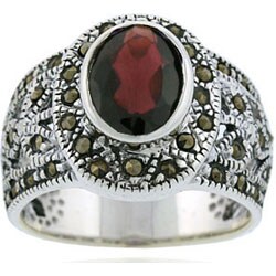 Glitzy Rocks Sterling Silver Marcasite and Genuine Garnet Ring