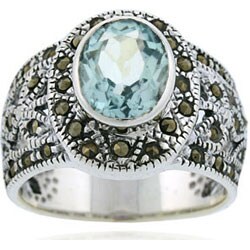 Glitzy Rocks Sterling Silver Marcasite and Genuine Blue Topaz Ring