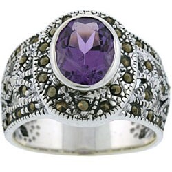 Glitzy Rocks Sterling Silver Marcasite and Genuine Amethyst Ring