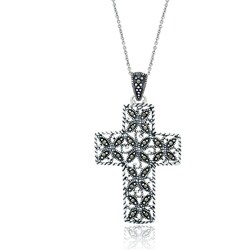 Sterling Silver Marcasite Flower Cross Necklace