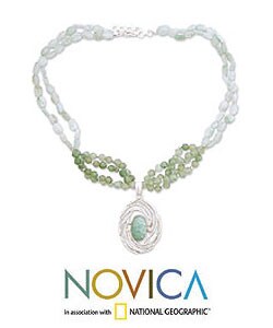 Sterling Silver Aquamarine and Aventurine Necklace (India)