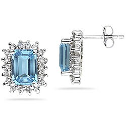 14k White Gold Blue Topaz and Diamond Earrings