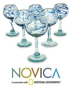 Set of 6 Blown Glass Blue Ribbon Wine Glasses (Mexico) Today $65.99