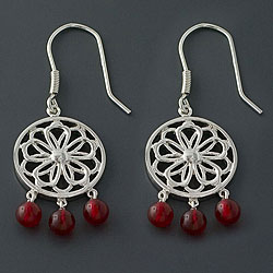 Sterling Silver Red Coral Floral Earrings (China)