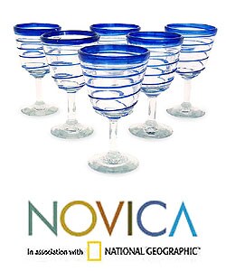 Set of 6 'Cobalt Spirals' Wine Glasses (Mexico)