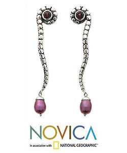 Sterling Silver Pearl and Garnet 'Seahorse' Earrings (Indonesia)