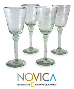 Set of 4 Etched 'Crystal Flowers' Wine Glasses (Mexico)