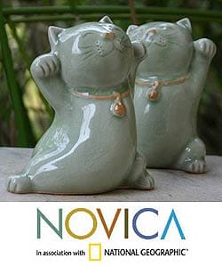 Set of 2 Ceramic 'Good Luck Cats' Statuettes (Thailand)
