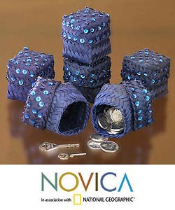Set of 6 Bamboo 'Blue Shimmer' Mini Baskets (Indonesia)
