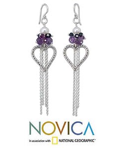 Silver 'Fantasy Hearts' Pearl/ Amethyst Earrings (Thailand)