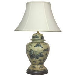 Handcrafted Porcelain Temple Jar Lamp with Fabric Shade (China)