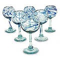 Set of 6 Blown Glass 'Blue Ribbon' Wine Glasses (Mexico)
