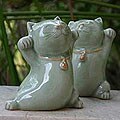Set of 2 Ceramic 'Good Luck Cats' Statuettes (Thailand)
