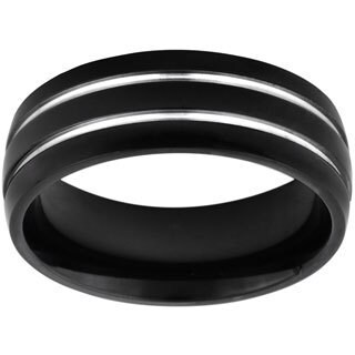 Men's Black Plated Titanium Domed and Grooved Ring-Image