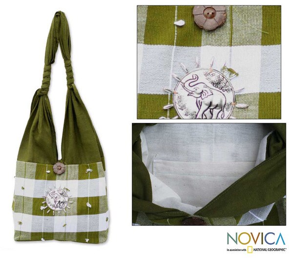 Cotton �Green Plaid Elephant� Handbag (Thailand