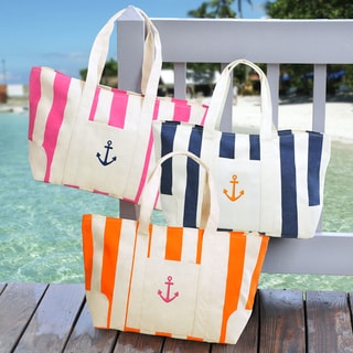 Striped Canvas Tote Bag with Exterior Pocket and Shoulder Straps