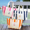 Striped Canvas Tote Bag with Exterior Pocket and Shoulder Straps