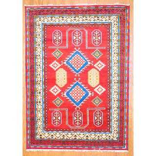 Indo Kazak Burgundy/ Ivory Wool-blend Rug (5'9 x 8)