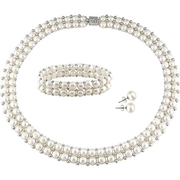 Miadora Cultured Freshwater Pearl and Silver Bead Jewelry Set (7-8 mm)