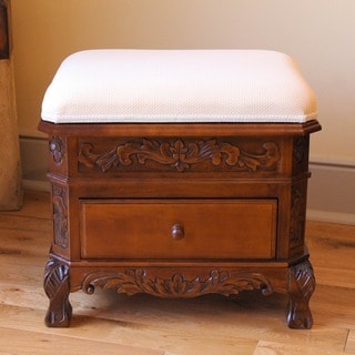 International Caravan Carved Wood Upholstered Vanity Stool