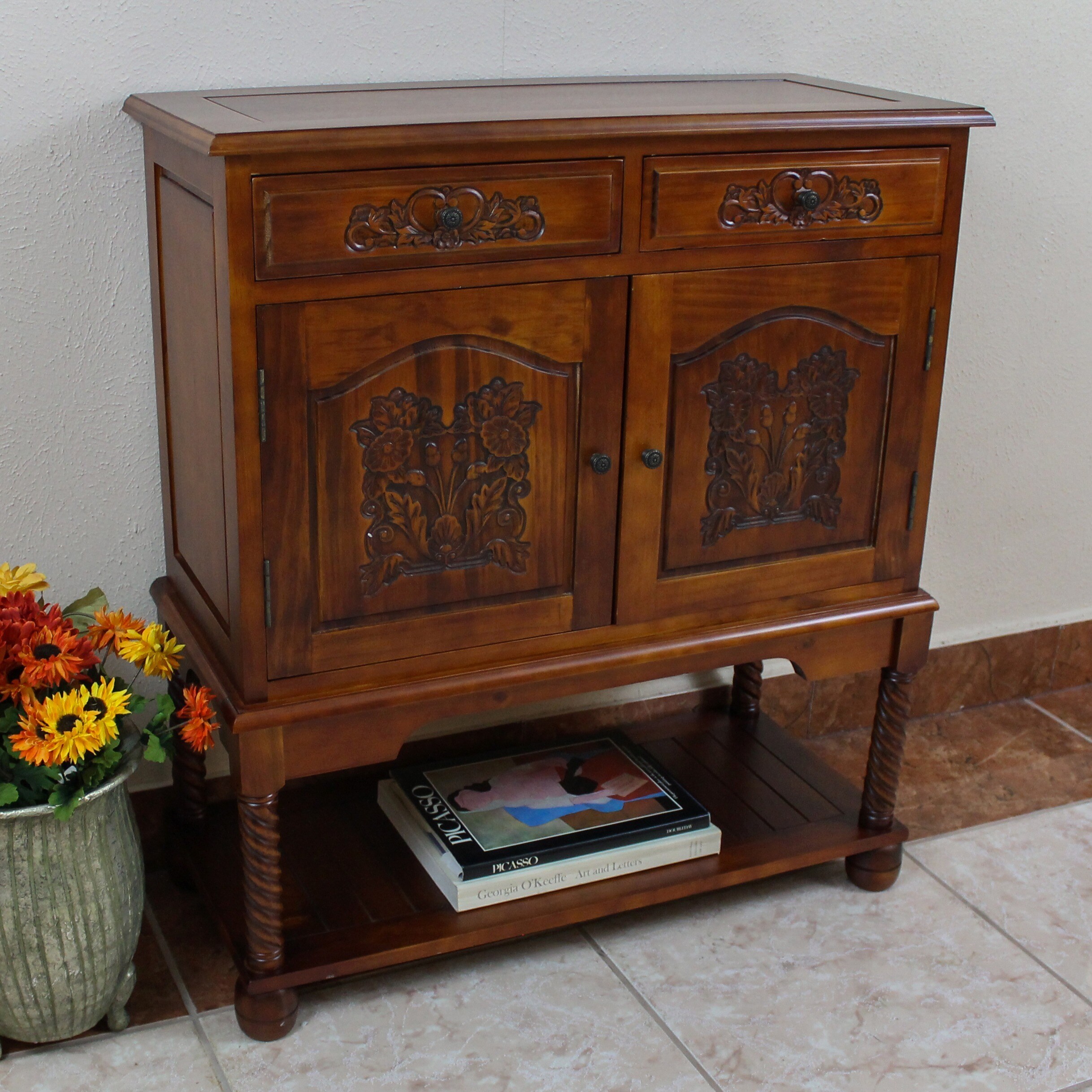 International Caravan Carved Wood Cupboard with 2 Drawers and 2 Doors