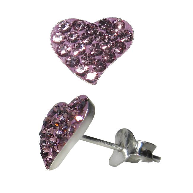 Sterling Silver Light Purple Crystal Heart Earrings