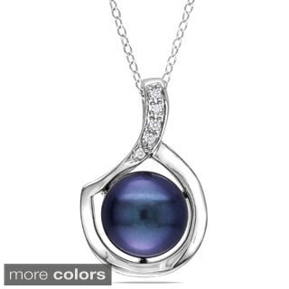 M by Miadora Sterling Silver Black or Pink Freshwater Pearl and Diamond Necklace (9-10 mm)