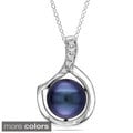 Miadora Sterling Silver Black Genuine Freshwater Pearl and Diamond Necklace (9-10 mm)
