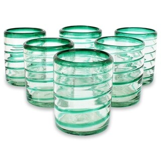 Set of Six Glass 'Emerald Spiral' Drinking Glasses (Mexico)