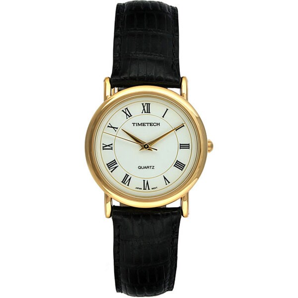 Timetech Men's Goldtone Black Leather Strap Watch