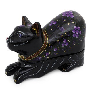 See Reviews Lacquered 'Blue-eyed Kitty Cat' Wood Box (Thailand)