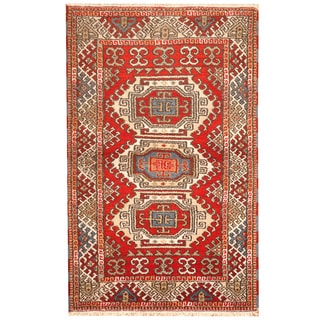 Indo Kazak Hand-knotted Red/ Ivory Rug (3' x 5')