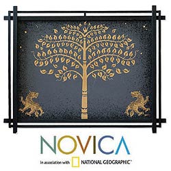 Buy  Acrylic 'Golden Bo Tree with Lions' Canvas Painting (Thailand)