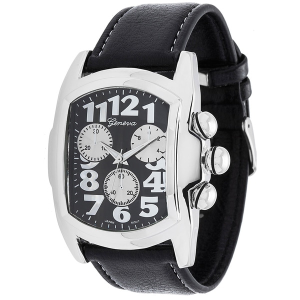 Geneva Platinum Men's Black Leather Strap Watch