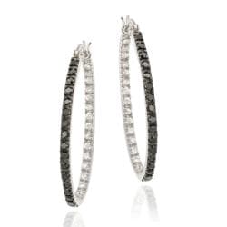 Icz Stonez Sterling Silver Black and White Oval-cut Cubic Zirconia Hoop Earrings