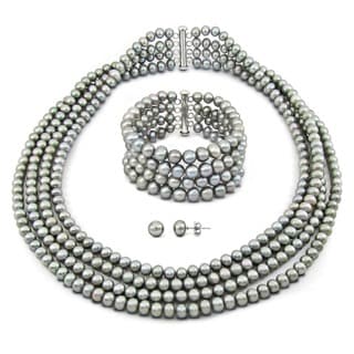 DaVonna Silver Grey FW Pearl 4-row Necklace Bracelet and Earring Set (6-7 mm)