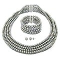 DaVonna Silver Grey FW Pearl 4-row Necklace Bracelet and Earring Set (6-7 mm)